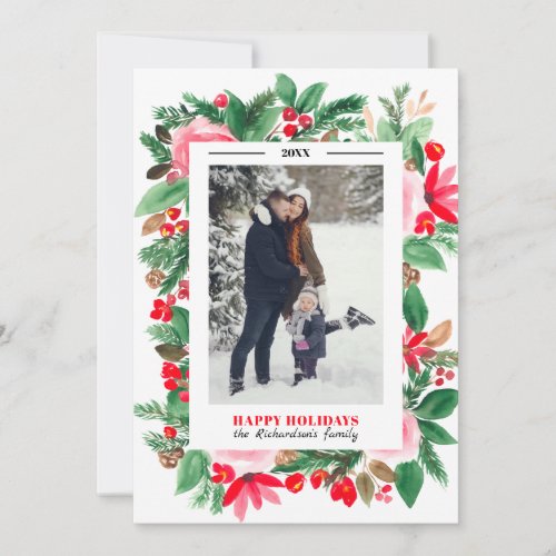 Red and green floral watercolor Christmas photo Holiday Card