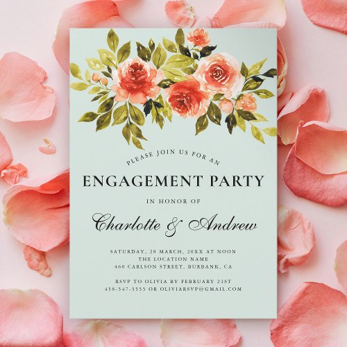 Red and Green Floral Watercolor Engagement Party Invitation