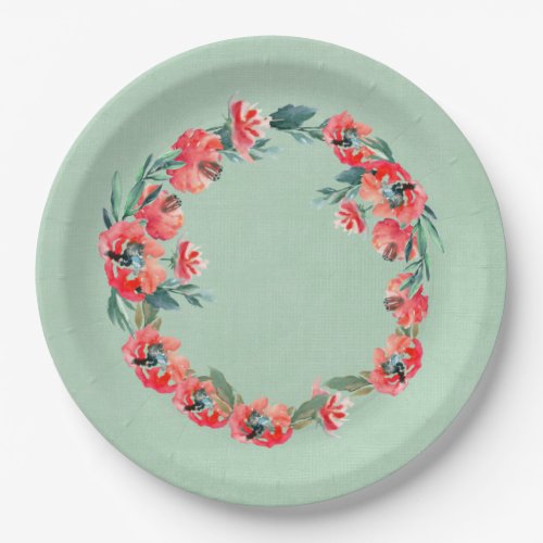 Red and Green Floral Watercolor Wreath Botanical Paper Plates