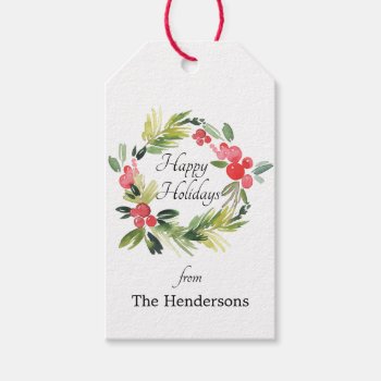 Red And Green Floral Wreath Happy Holidays Gift Tags by DP_Holidays at Zazzle