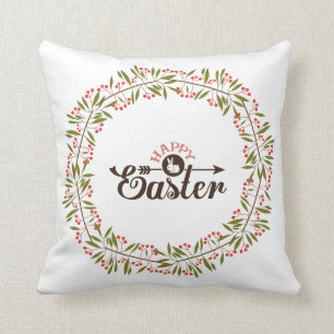 Red And Green Floral Wreath With Bunny Throw Pillow