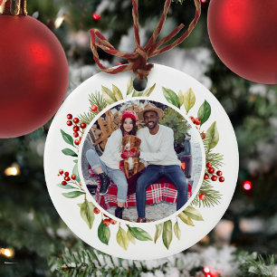 Red and Green Foliage Christmas Photo Ceramic Ornament