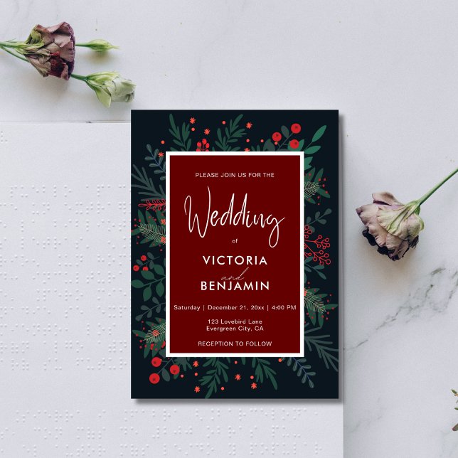 Red and Green Foliage Elegant Christmas Wedding Invitation (Red and Green Foliage Elegant Christmas Wedding Invitation)