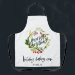 Red and green foliage wreath Christmas holiday Apr Apron<br><div class="desc">Red and green foliage wreath Christmas holiday design. Are you part of the holiday baking crew?</div>