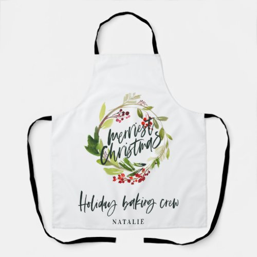 Red and green foliage wreath Christmas holiday Apr Apron