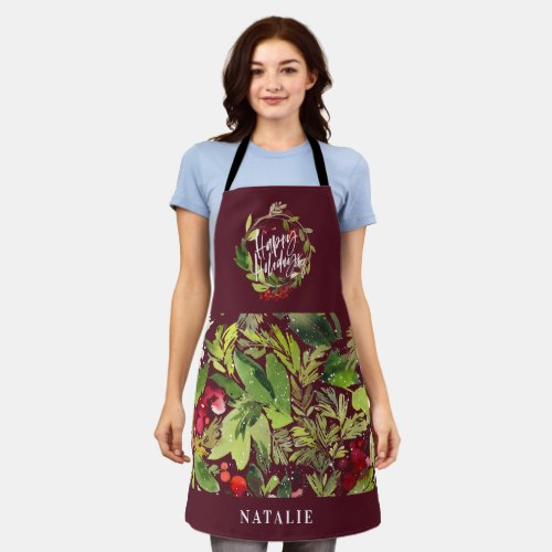 Red and green foliage wreath Christmas holiday Apron