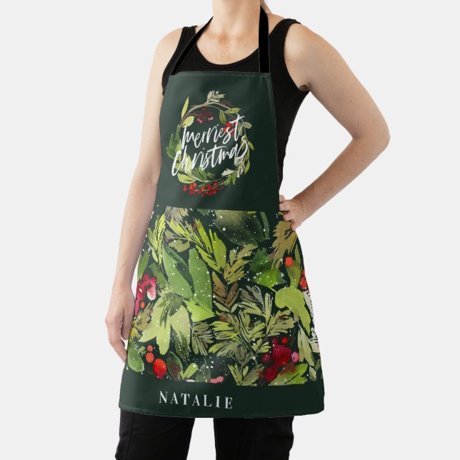 Red and green foliage wreath Christmas holiday Apron (Insitu)