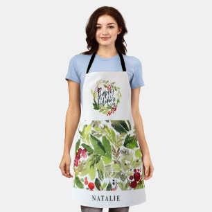 Red and green foliage wreath Christmas holiday Apron