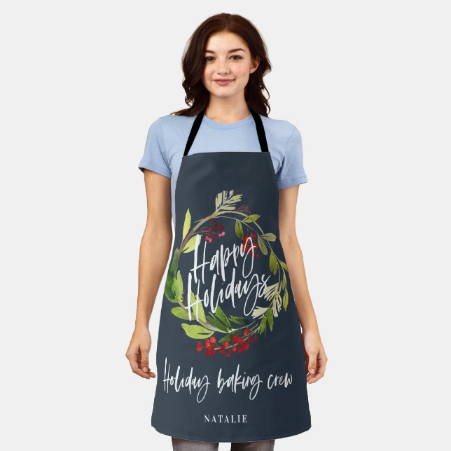 Red and green foliage wreath Christmas holiday Apron (Worn)