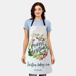 Red and green foliage wreath Christmas holiday Apron