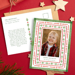 Red and Green Folk Watercolor Holiday Postcard