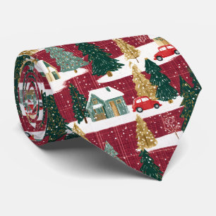Red and Green Forest Christmas Village Neck Tie