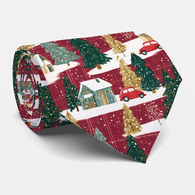 Red and Green Forest Christmas Village Neck Tie (Rolled)