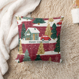 Red and Green Forest Christmas Village Throw Pillow