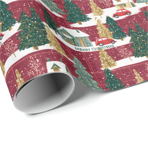 Red and Green Forest Christmas Village Wrapping Paper