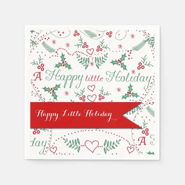 Red and Green Garland Happy Little Holiday Paper Napkins (Front)