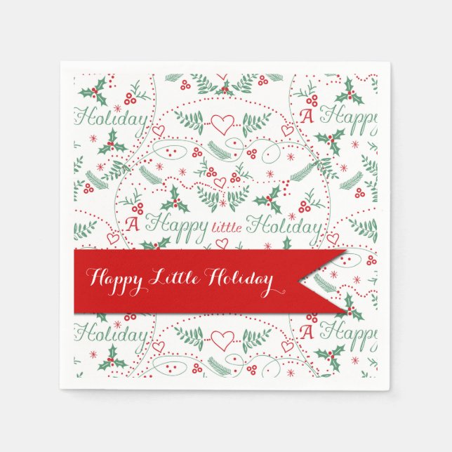 Red and Green Garland Happy Little Holiday Paper Napkins (Front)