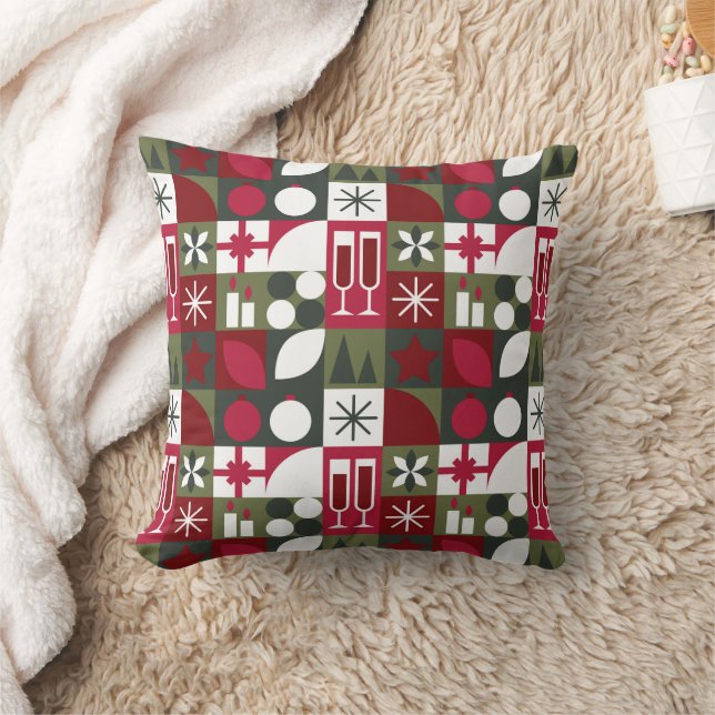 Red and Green Geometric Christmas  Throw Pillow (Blanket)