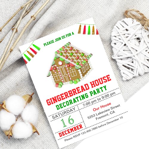 Red and Green Gingerbread House Decorating Party Invitation