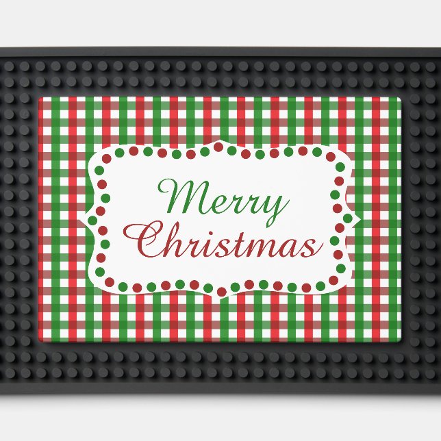 Red and Green Gingham Pattern Christmas Bar Mat (Front (Close Up))