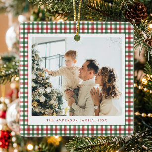 Red and Green Gingham Photo Ceramic Ornament