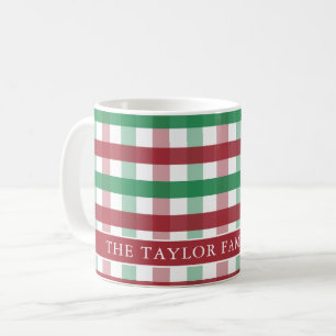 Red and Green Gingham Plaid Farmhouse Family Name Coffee Mug