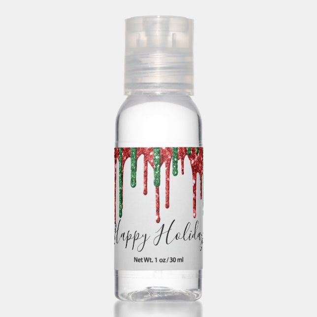 Red and Green Glitter and Sparkle Happy Holidays Hand Sanitizer (Front)
