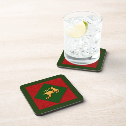 Red and Green Golden Reindeer on Damask Coaster