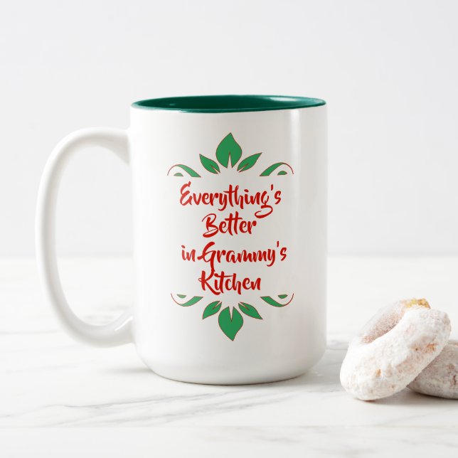 Red and Green Grammy's Kitchen Typography Design Two-Tone Coffee Mug (With Donut)