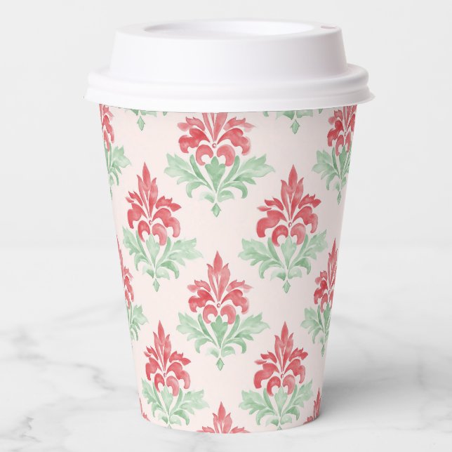 Red and Green Grandmillennial Christmas Damask Paper Cups (Front)