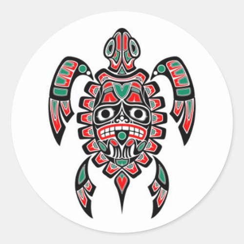 Red and Green Haida Spirit Sea Turtle Classic Round Sticker