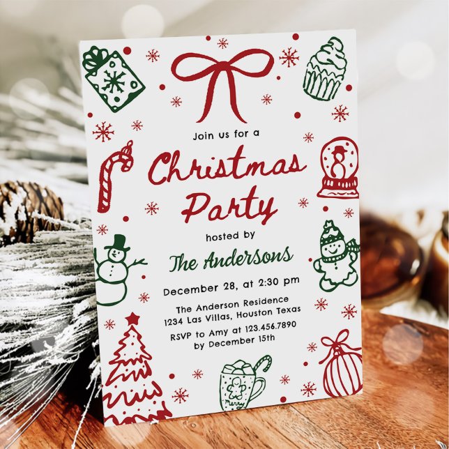 Red and Green Hand Drawn Quirky Christmas Party Invitation (Creator Uploaded)