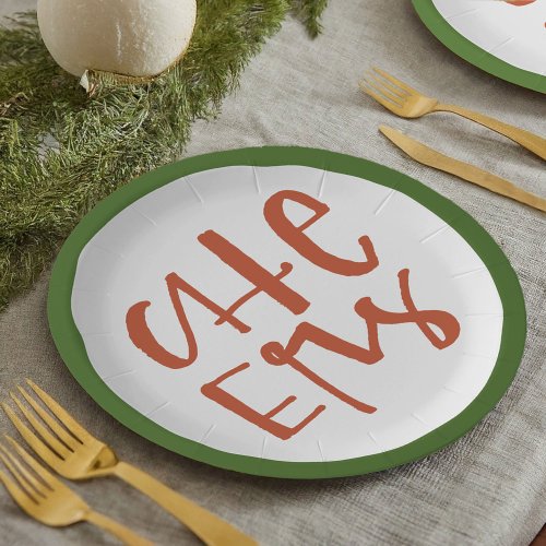 Red and Green Hand Lettered Cheers Festive Party Paper Plates