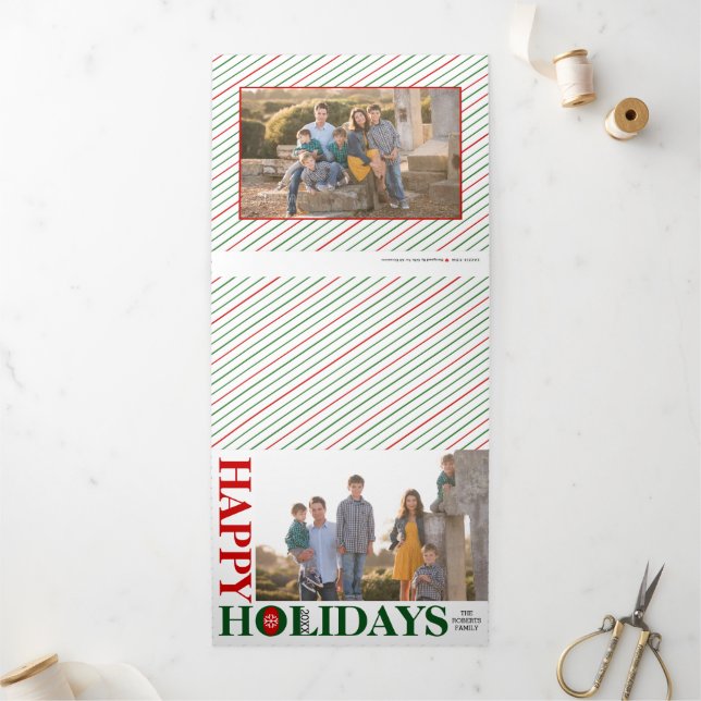 Red and green Happy Holidays 2024 Christmas photo Tri-Fold Holiday Card (Outside)