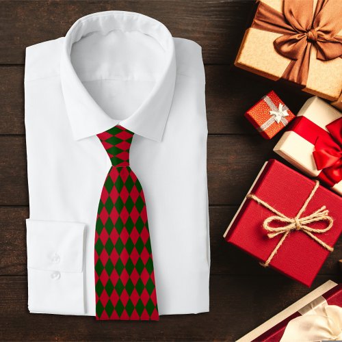 Red and Green Harlequin Christmas Diamond Pattern Neck Tie