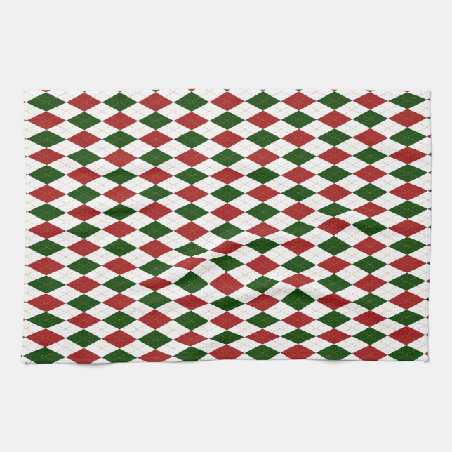 Red and Green Harlequin Diamond Argyle Kitchen Towel (Horizontal)