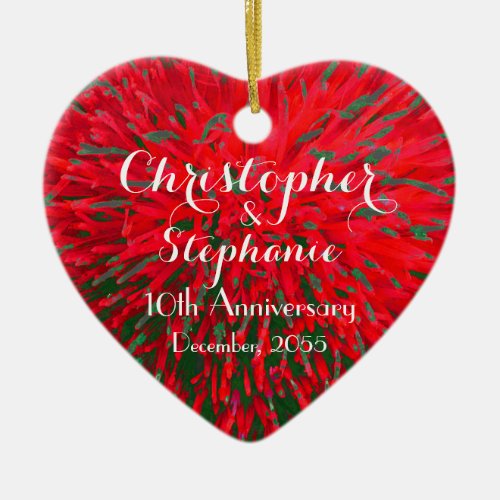 Red and Green Heart Anniversary Christmas Holiday Ceramic Ornament
