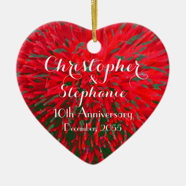 Red and Green Heart Anniversary Christmas Holiday Ceramic Ornament (Front)