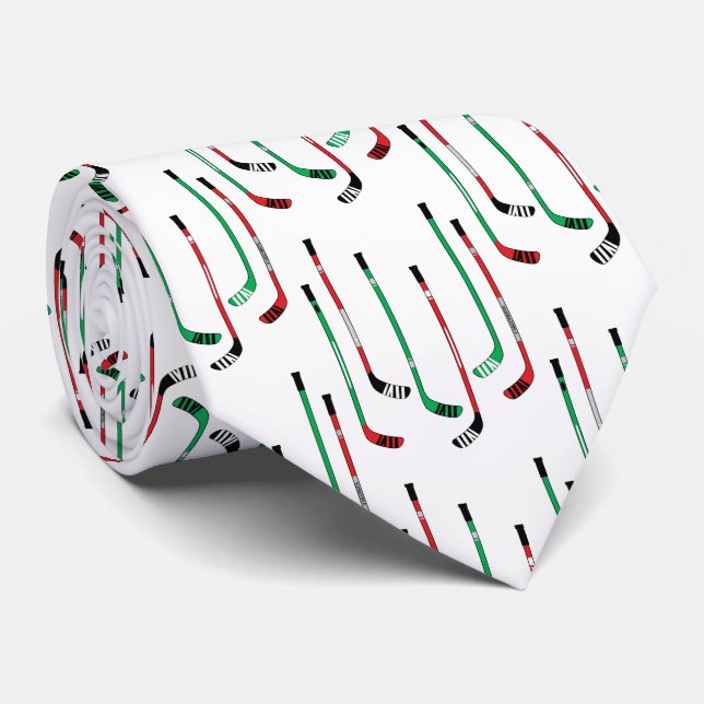 Red and Green Hockey Christmas Sticks Neck Tie (Rolled)