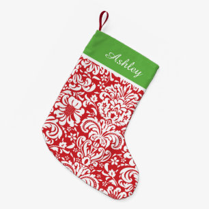 Red and Green Holiday Damask Monogram Small Christmas Stocking