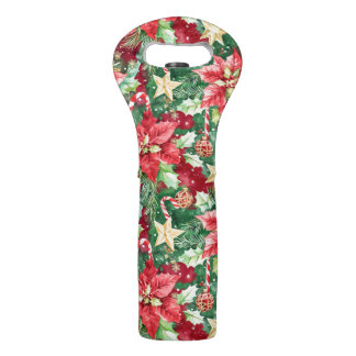 Red and Green Holiday Floral Candy Cane Wine Bag