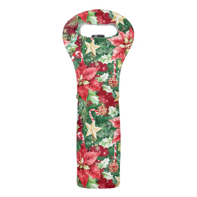 Red and Green Holiday Floral Candy Cane Wine Bag (Front)