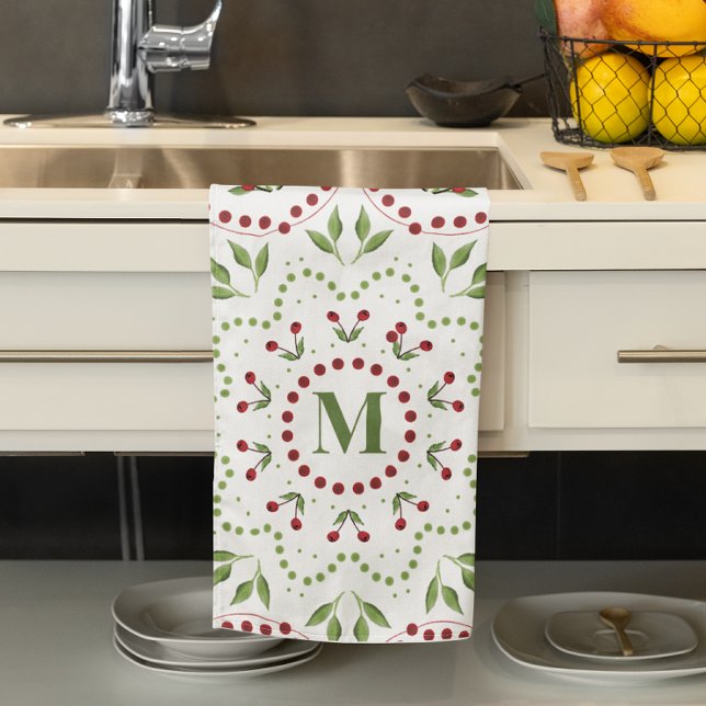 Red and Green Holiday Monogram Custom Kitchen Towel (Simple monogram Holiday greenery mandala kitchen towel.)