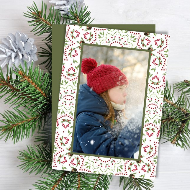 Red and Green Holiday Pattern Custom Photo Card (Merry Christmas photo card with a vertical photo layout.)