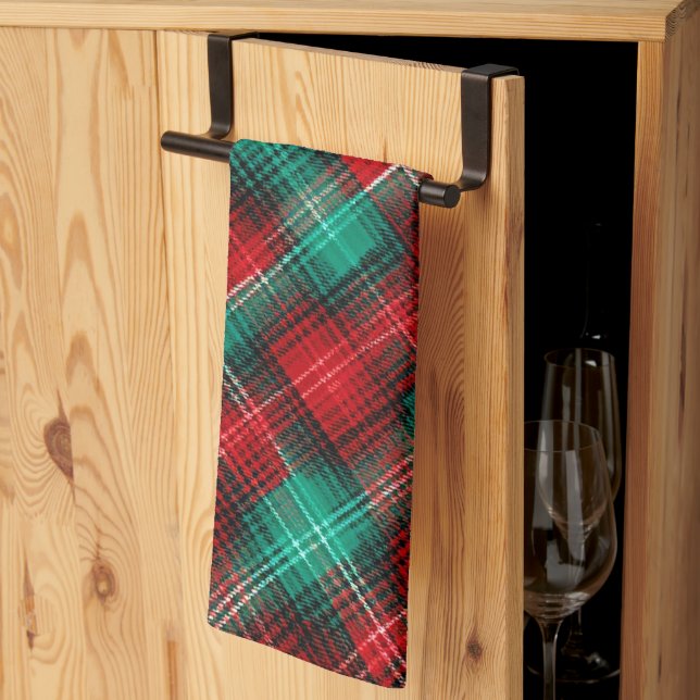 Red and green holiday plaid kitchen towel (Thirds Fold)