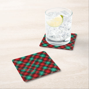 Red and green holiday plaid square paper coaster