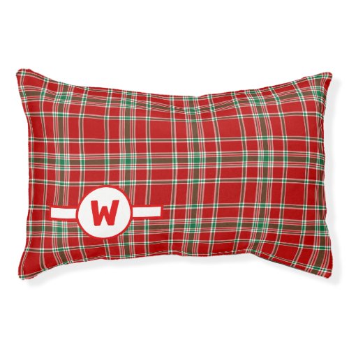 Red and Green Holiday Plaid with Dogs Monogram Pet Bed