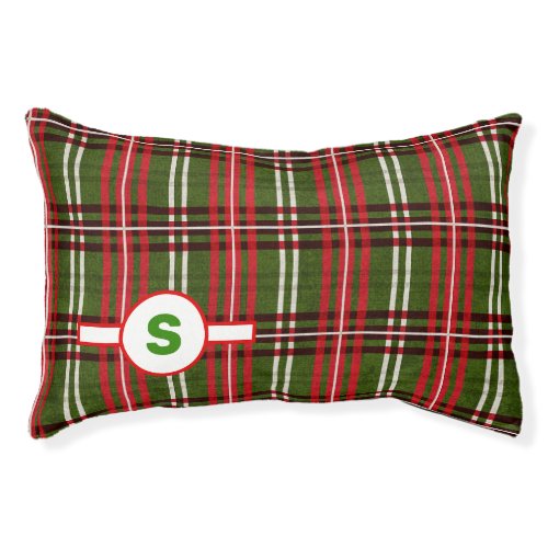 Red and Green Holiday Plaid with Dogs Monogram Pet Bed