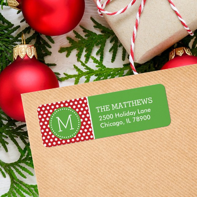 Red and Green Holiday Polka Dots Monogram Label (Creator Uploaded)