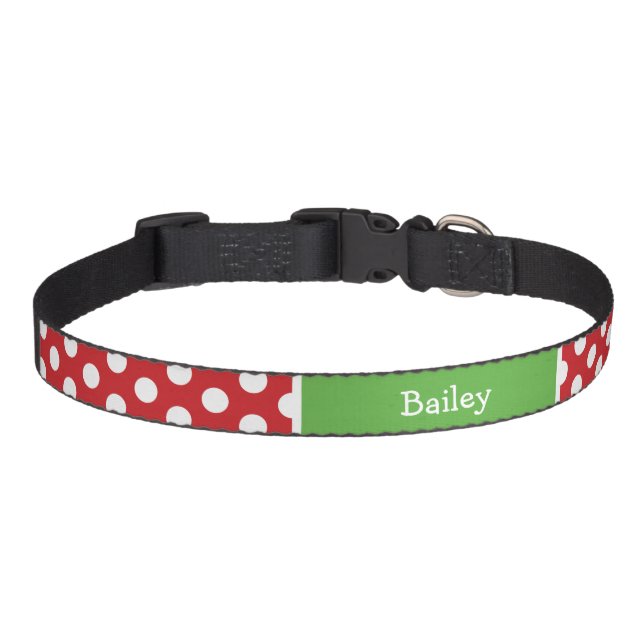 Red and Green Holiday Polka Dots Monogram Pet Collar (Front)